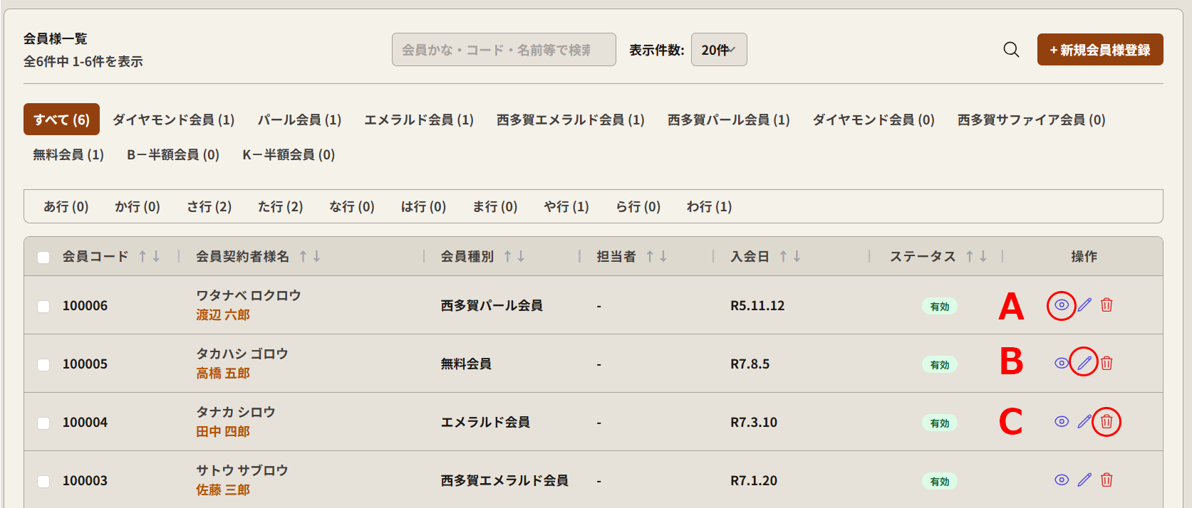 一覧の操作ボタン